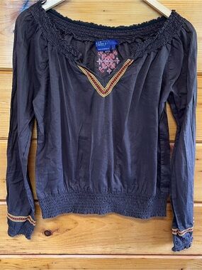 Boho Blouse Embroidered Long Sleeve Brown Miley Cyrus L Smocked Cotton Top